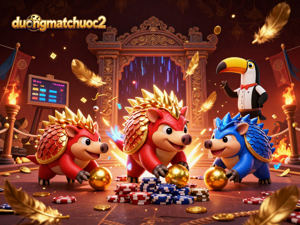 Engage in duongmatchuoc2 as pangolins roll into golden balls amid poker chips and vibrant colors.