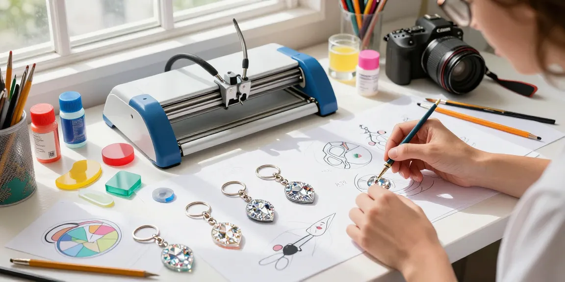 Custom Acrylic Diamond Keychain displayed with vibrant designs and creative workspace elements