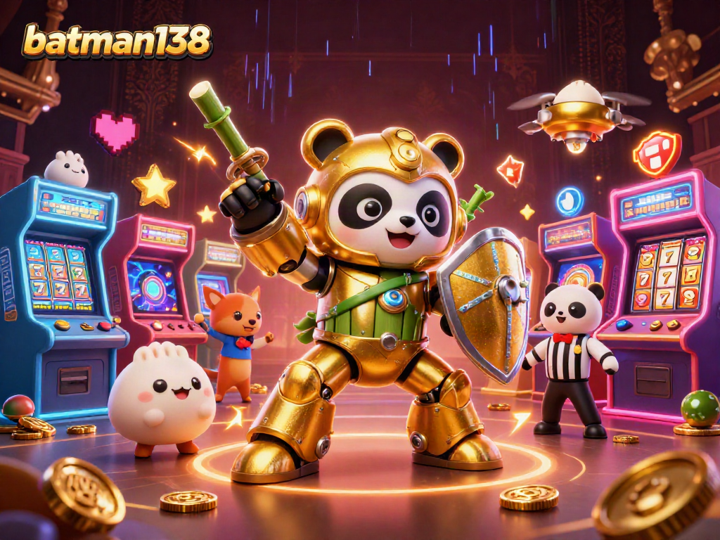 Engage with batman138 at a vibrant casino scene featuring a golden panda and dynamic gaming elements.