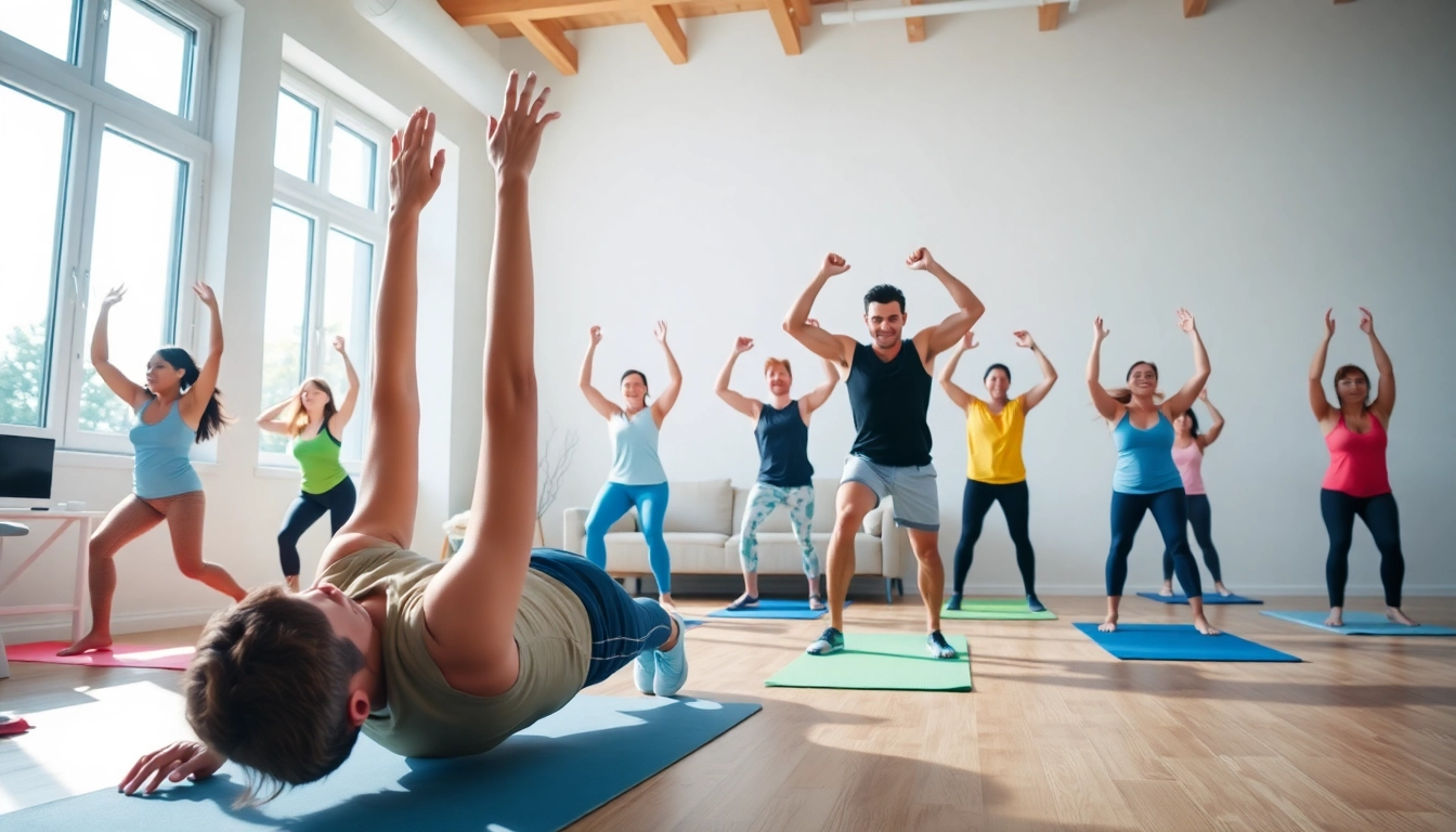 Individuals performing various Home Workout Plans in a lively indoor setting.