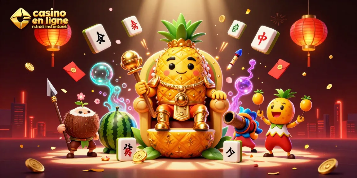 Visualisez le casino en ligne retrait instantané avec le roi ananas et un décor festif coloré.