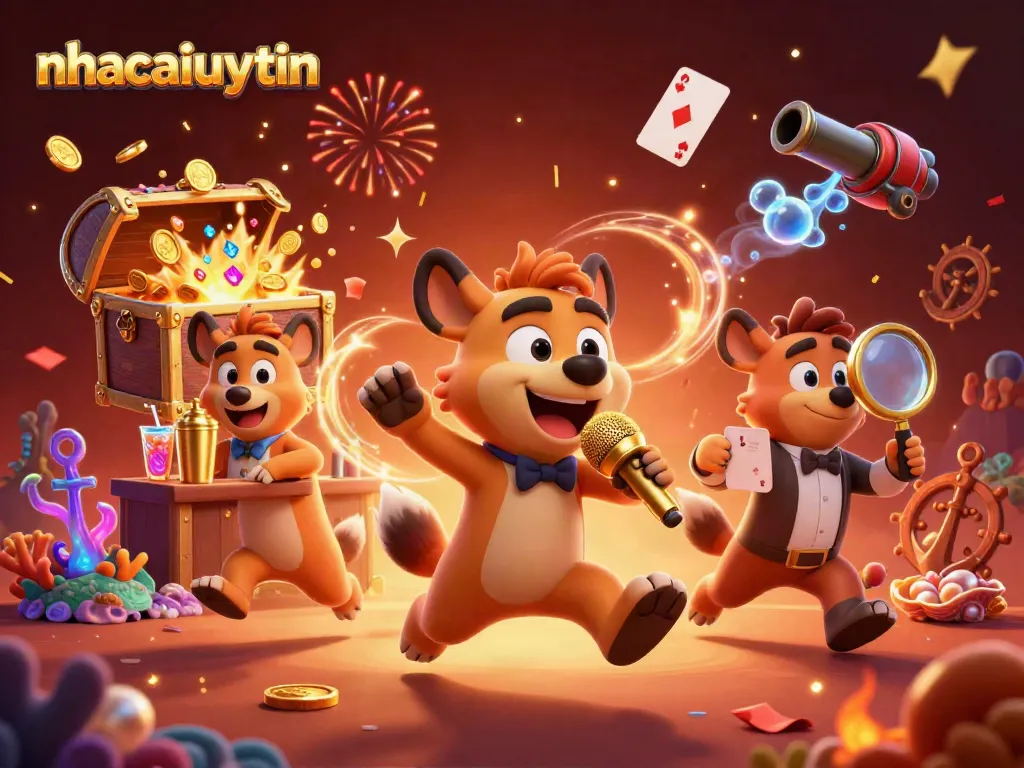 nhacaiuytin hilarious scene with hyenas hosting a comedy casino show, mixing drinks, and checking IDs