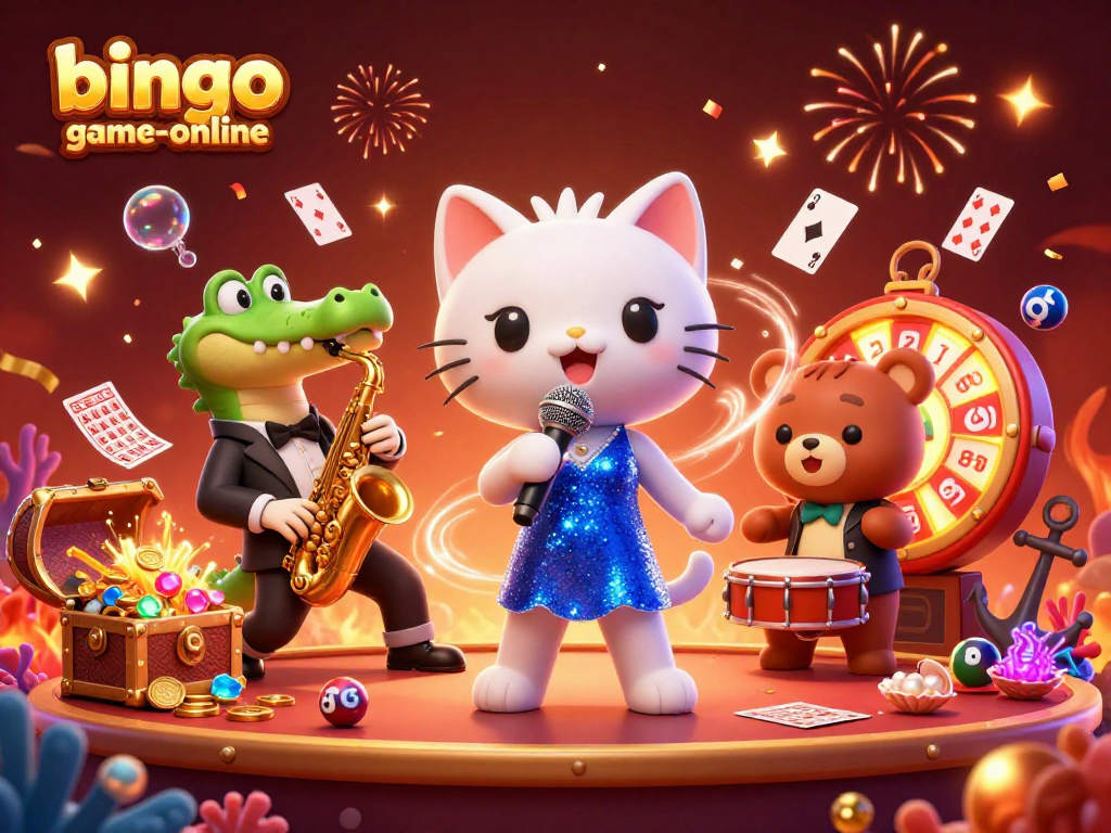 Experience the thrill of bingo-game-online with festive characters amidst vibrant jackpot elements.