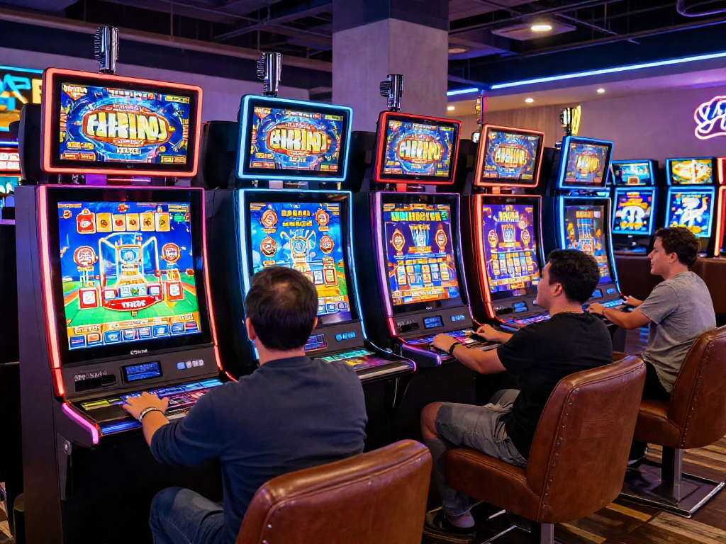 Engaging scene of players enjoying rutanslot games in a vibrant online gaming hub with colorful slot machines.