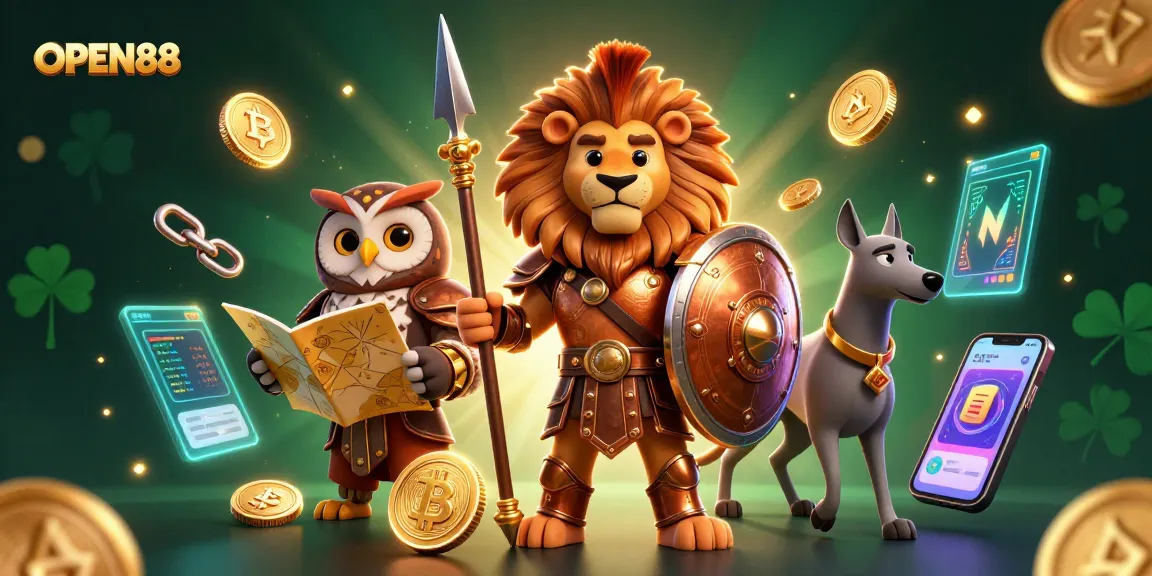 Engaging scene showcasing OPEN88 with a Spartan lion, owl strategist, and greyhound amidst crypto coins.