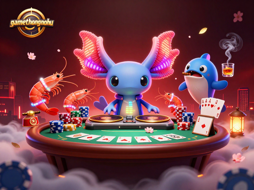 Join the fun at gamethuongnohu with a vibrant casino scene featuring an axolotl DJ and colorful poker elements.