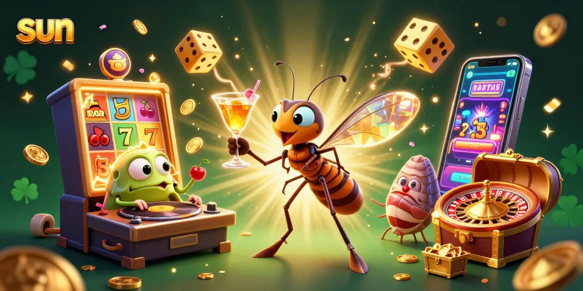 Experience thrilling casino excitement with Sun's vibrant 3D illustration showcasing unique characters and game elements.
