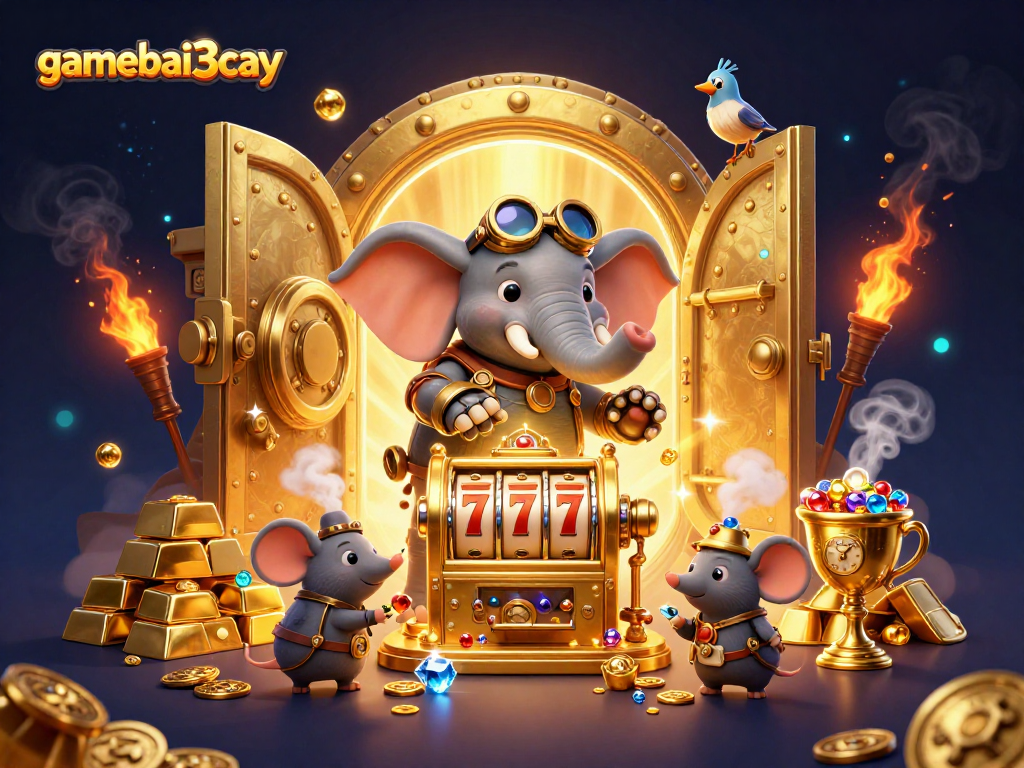 gamebai3cay captures a vibrant 3D scene of a steampunk elephant at a slot machine with treasures.