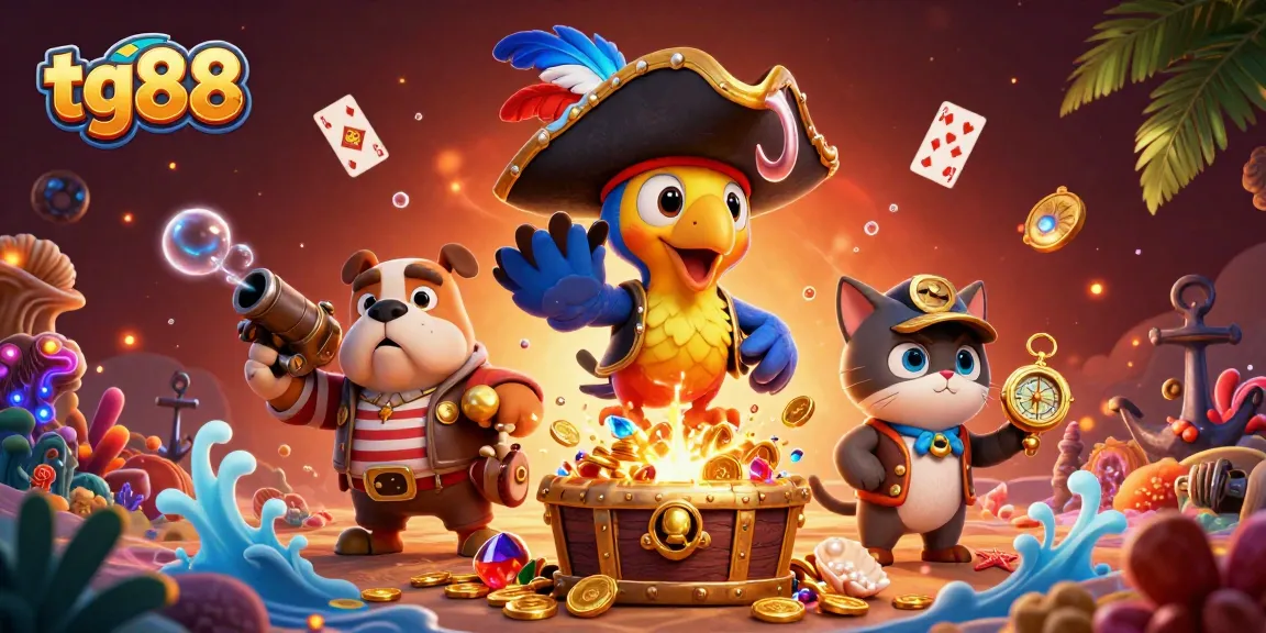 Experience the thrilling adventure of tg88 with cartoon characters amidst exploding treasure and sparkling gems in a vibrant casino scene.