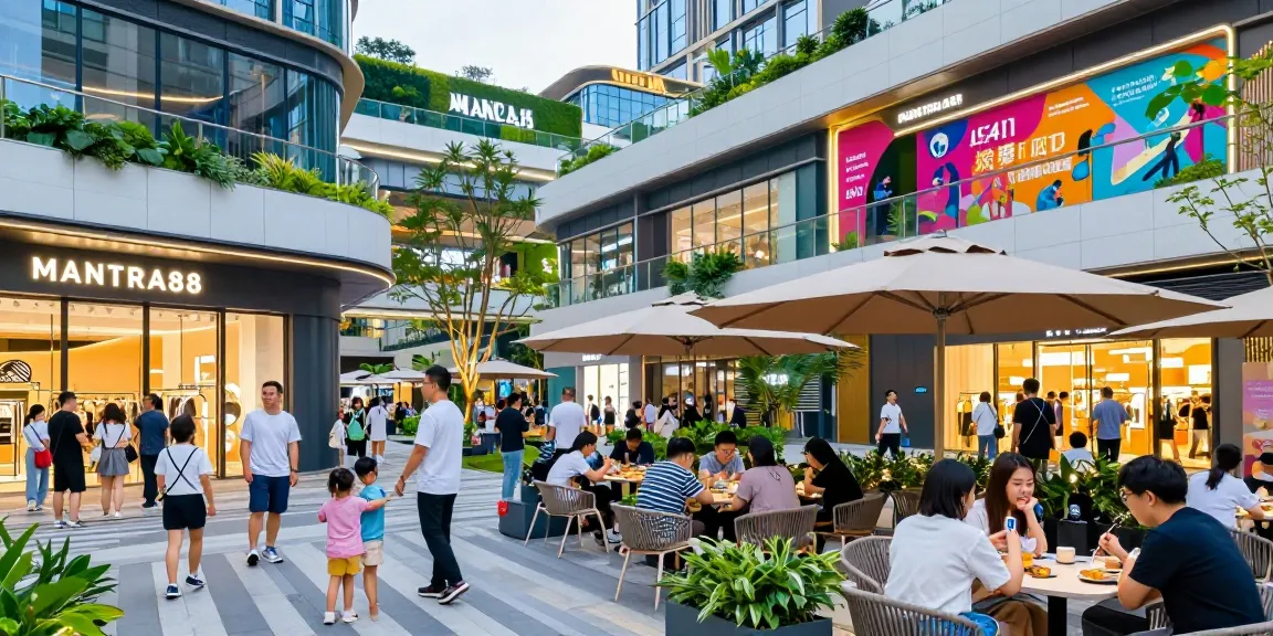 Dynamic MANTRA88 commercial property scene showcasing shopping and entertainment at www.mgoldproperties.com with diverse crowds enjoying vibrant activities.