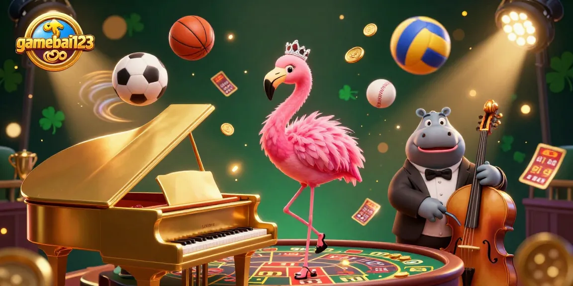 Play with gamebai123 in a vibrant casino scene featuring a singing flamingo and a hippo bassist, amidst dynamic sports themes.