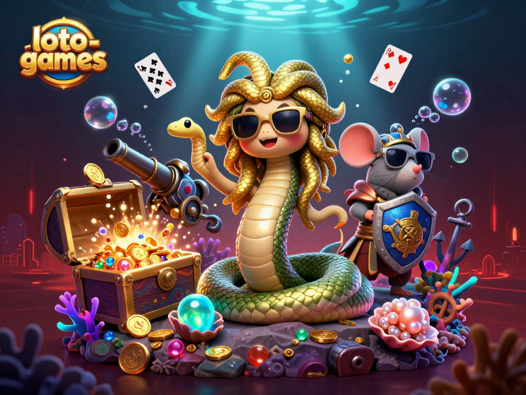 Engage in thrilling loto-games with a vibrant scene of Medusa and a warrior mouse amidst casino elements.