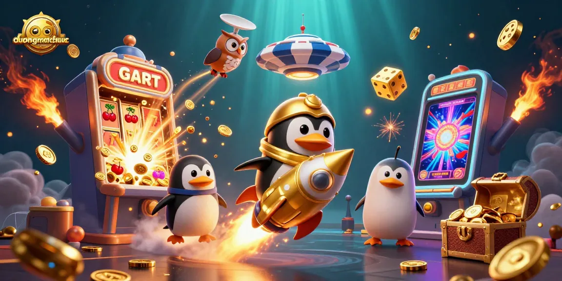 Experience duongmatchuoc as a golden penguin blasts through space toward a casino adventure, surrounded by vibrant casino symbols.