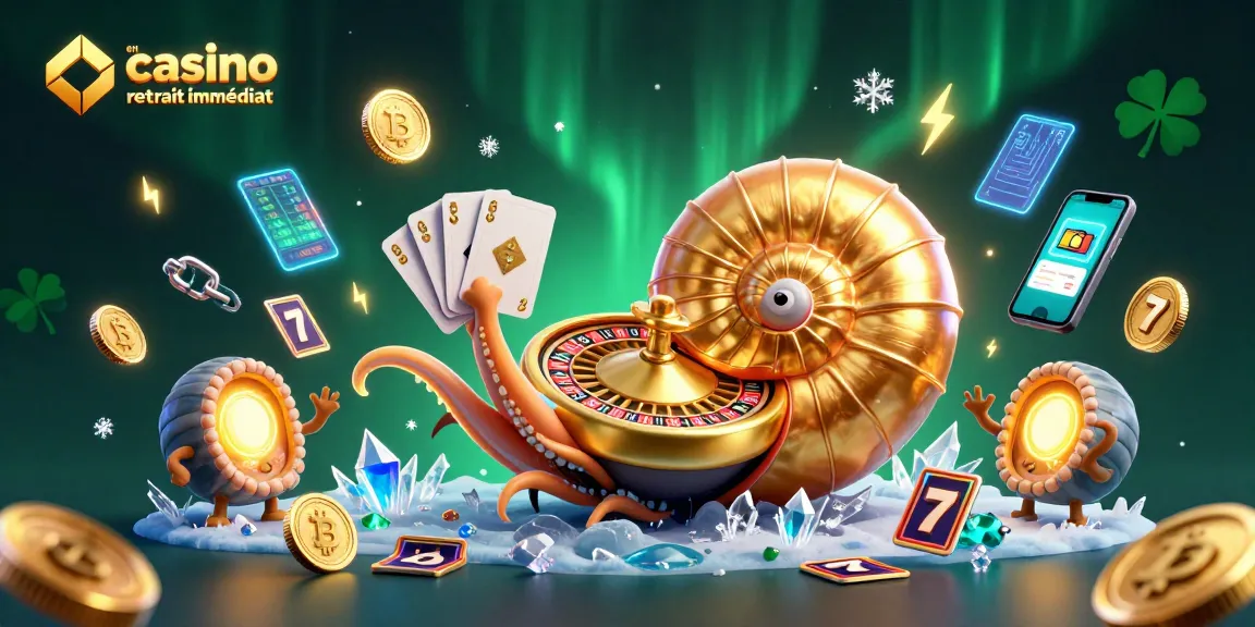 Jouez à casino en ligne retrait immédiat avec une illustration dynamique de nautilus et pièces de cryptomonnaies.