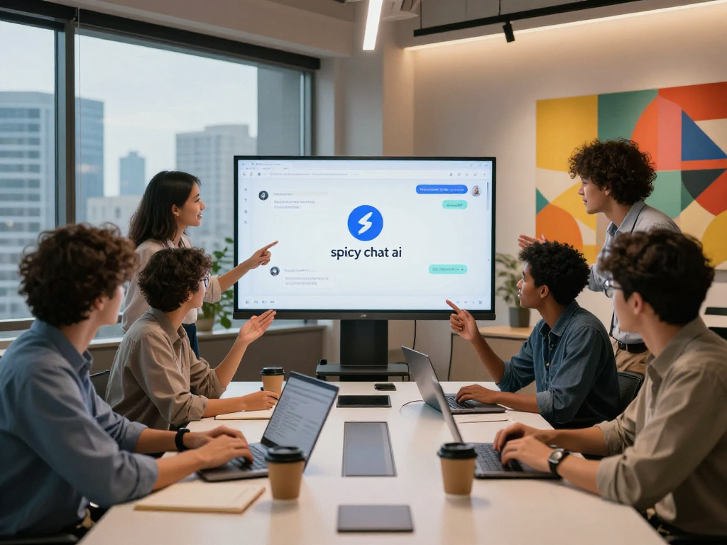 Engaging session with spicy chat ai chatbot in a modern workspace featuring collaborative professionals.
