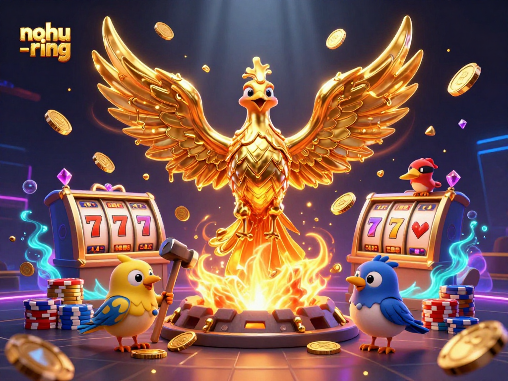 Experience vibrant slot action in nohu-ring with cascading coins and a molten phoenix.