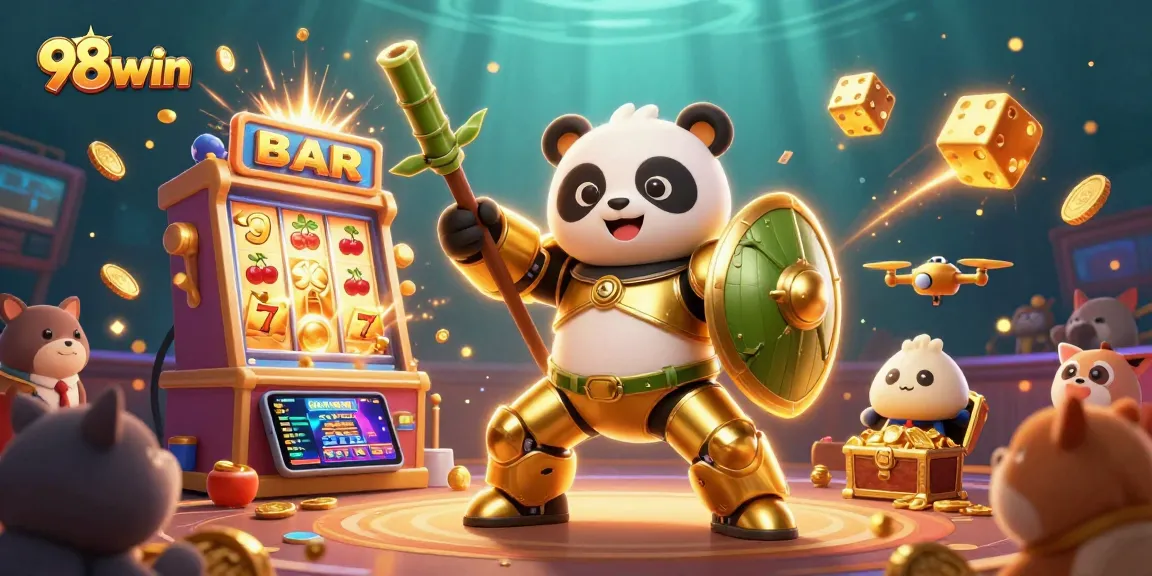 Enjoy thrilling jackpots with 98win in a vibrant casino atmosphere filled with winning symbols and cheering.