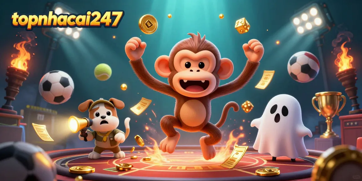 topnhacai247 showcases a dynamic casino scene with a mischievous monkey juggling gold coins and a curious puppy tracking it.
