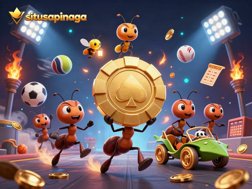 Place bets and win rewards at situsapinaga with a dynamic scene of ants and sports elements