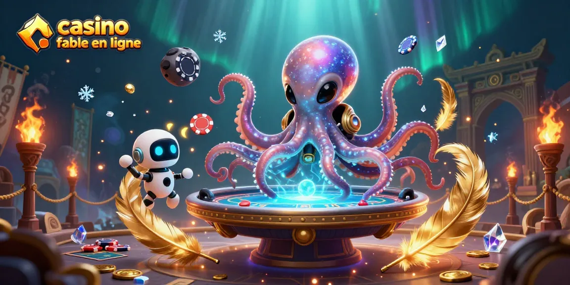 Jouer au casino fiable en ligne avec une illustration 3D d'un poulpe extraterrestre et une table de poker holographique.