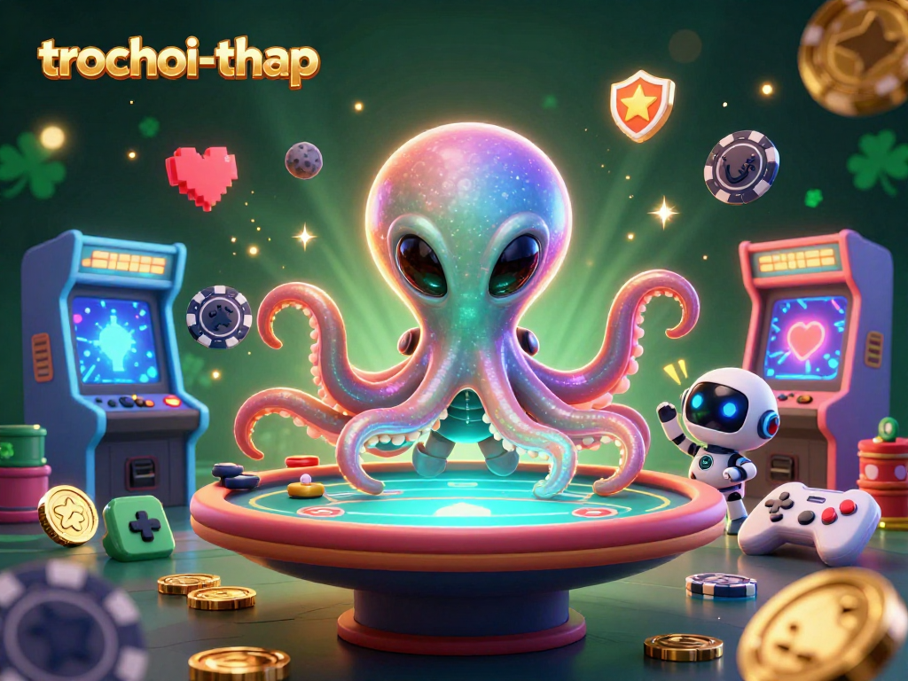Engage in thrilling trochoi-thap gameplay with an alien octopus at a vibrant poker table.