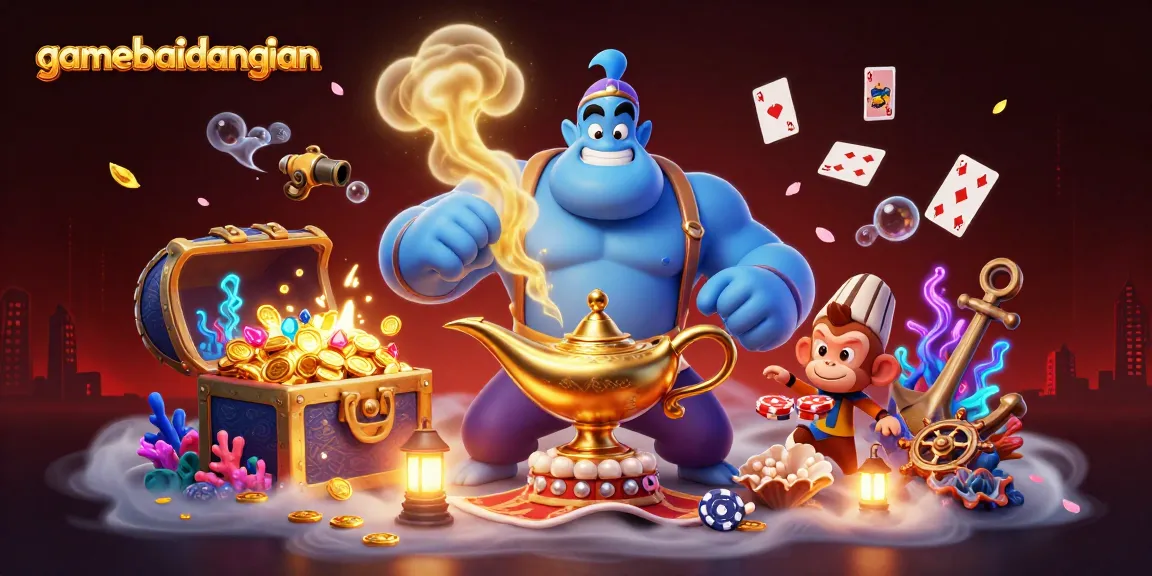 Experience gamebaidangian with a vibrant 3D scene featuring a genie, monkey, and poker chips.