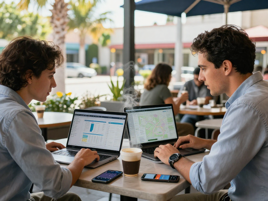 Orange County SEO company operators strategizing local dominance in vibrant café setting