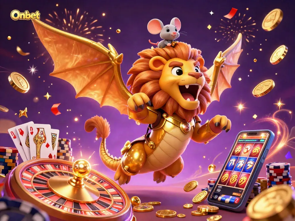 Onbet's thrilling gaming scene with a chimera, coins, and roulette, creating excitement.