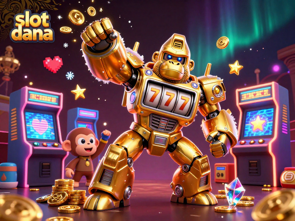 Spin big wins with slot dana in this vibrant 3D casino illustration featuring a unique golden gorilla mech.