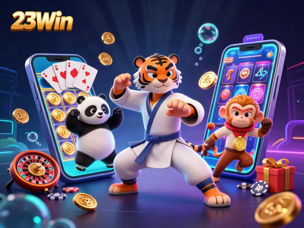 Experience 23Win's thrilling slot games with vibrant characters and dazzling gold coins erupting!