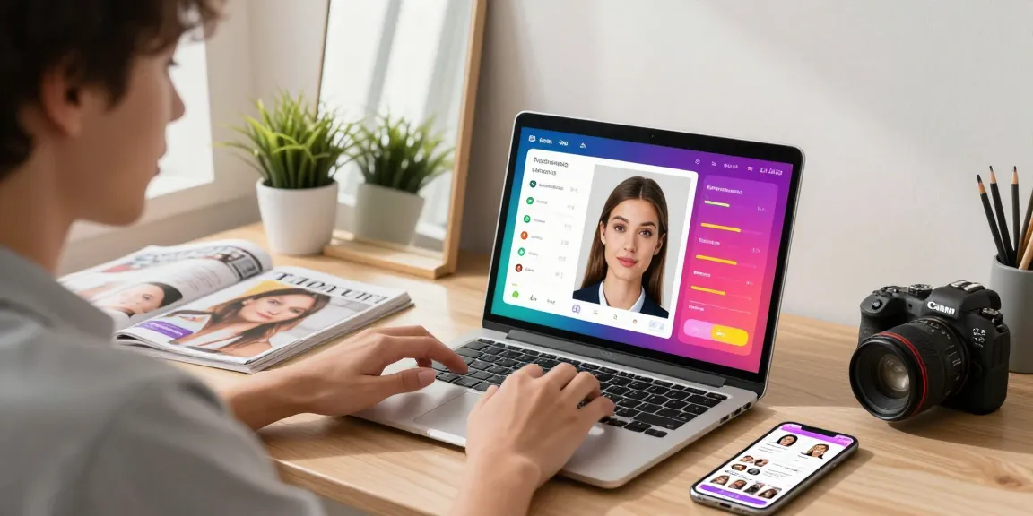 Individual engaging in a test of attractiveness online using a laptop, showcasing a vibrant interface and dynamic atmosphere.