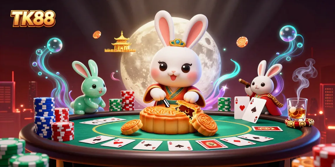 TK88 features a moon rabbit and jade rabbit surrounded by poker elements in a dynamic casino scene.