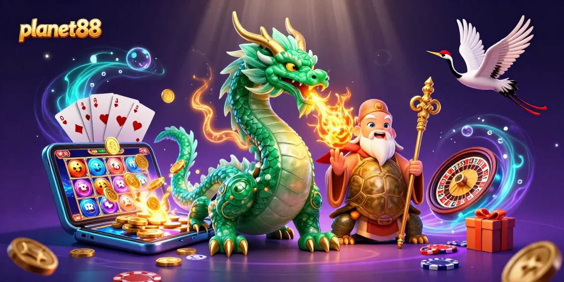 Experience the thrill of winning at planet88 with a vibrant casino-themed illustration featuring lucky symbols.
