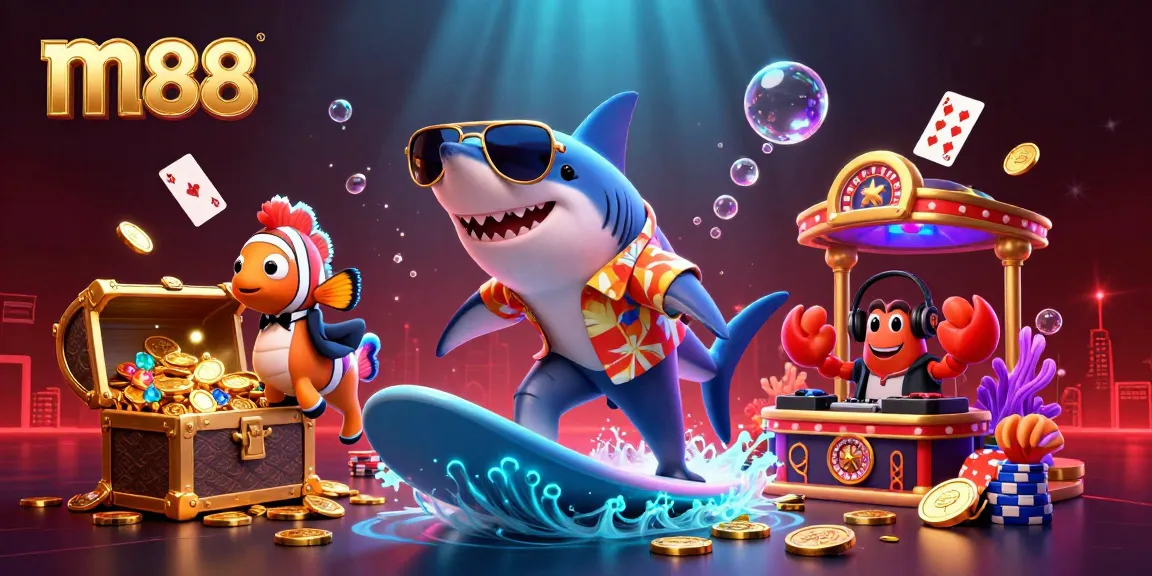 M88 takes virtual gambling to the next level with a lively underwater casino scene featuring a shark and marine friends.