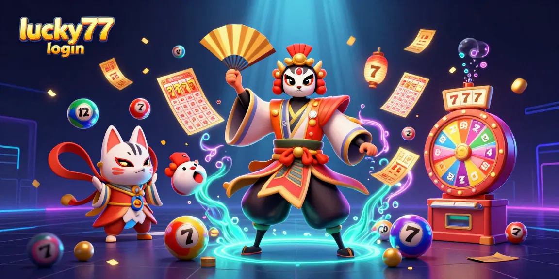Win big with lucky77 login at a vibrant slot game featuring kabuki characters and dynamic prizes.