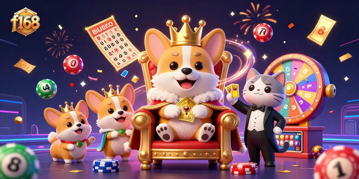 Experience excitement at f168 with a royal corgi atop poker chips amid colorful lottery elements.