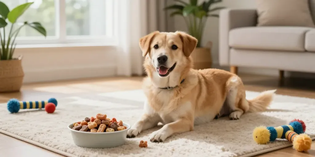 Calming Dog Treats displayed in a cozy living room with a relaxed dog.