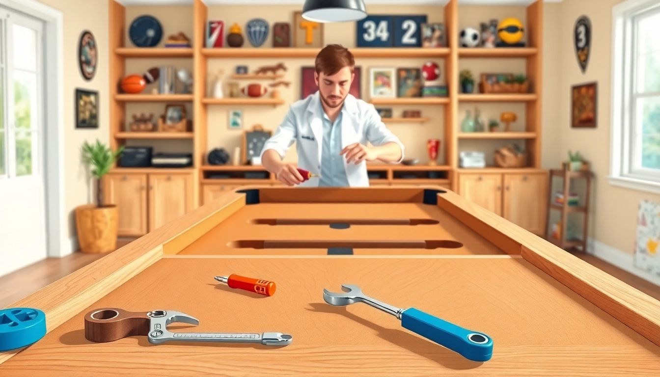 Expert demonstrating Pool Table Disassembly in a well-lit game room with tools and a partially disassembled table.