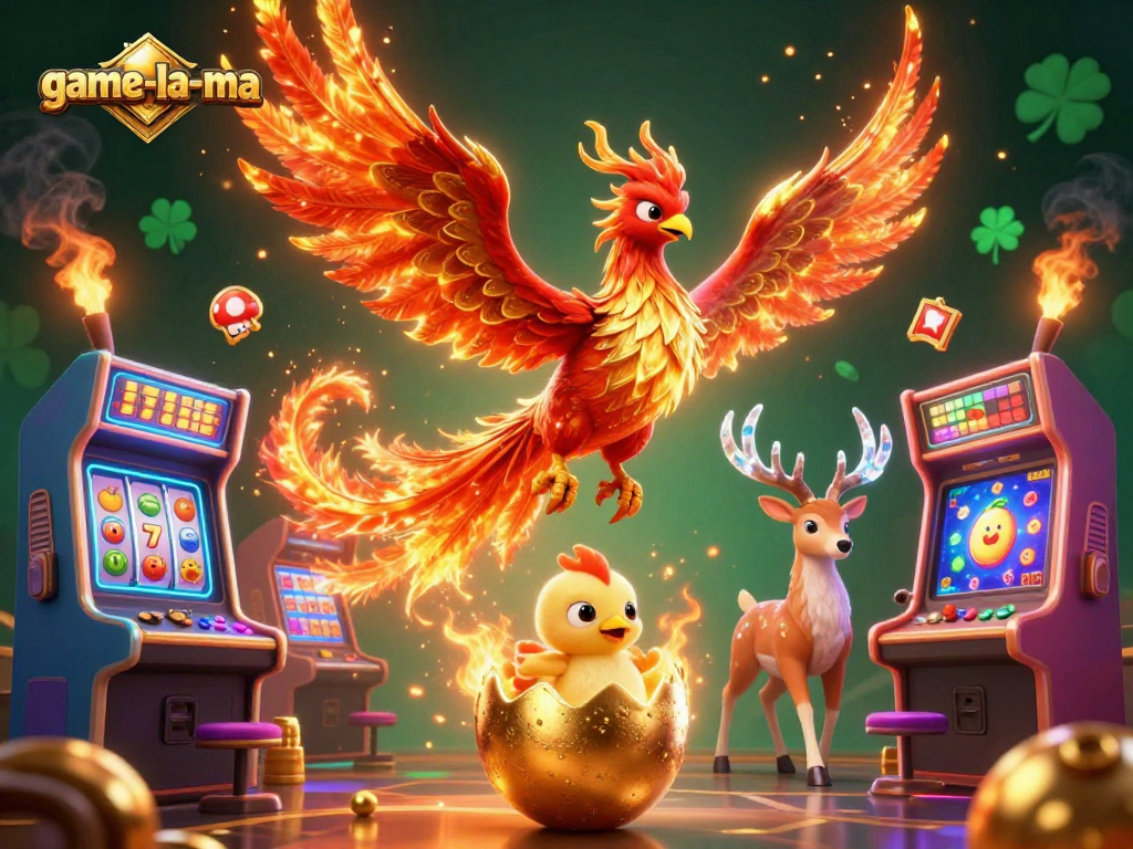 Experience the excitement of game-la-ma with a vibrant 3D casino illustration featuring lucky symbols.