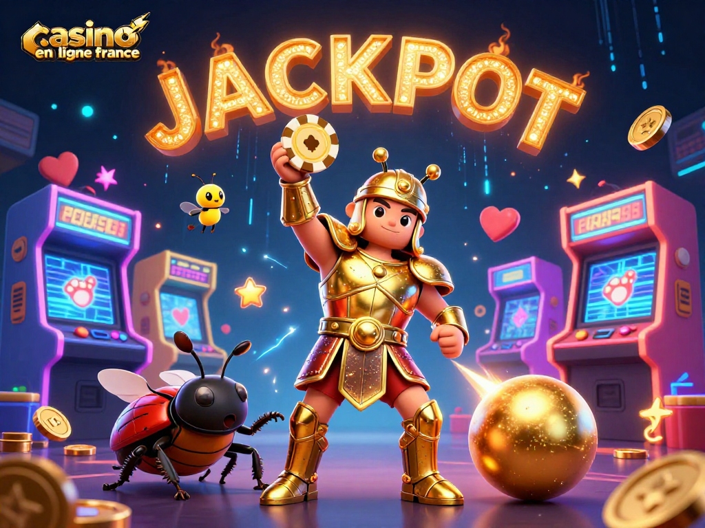 Gagnez au casino en ligne France avec une chance à Jackpot grâce à une illustration dynamique de jeux et personnages animés.