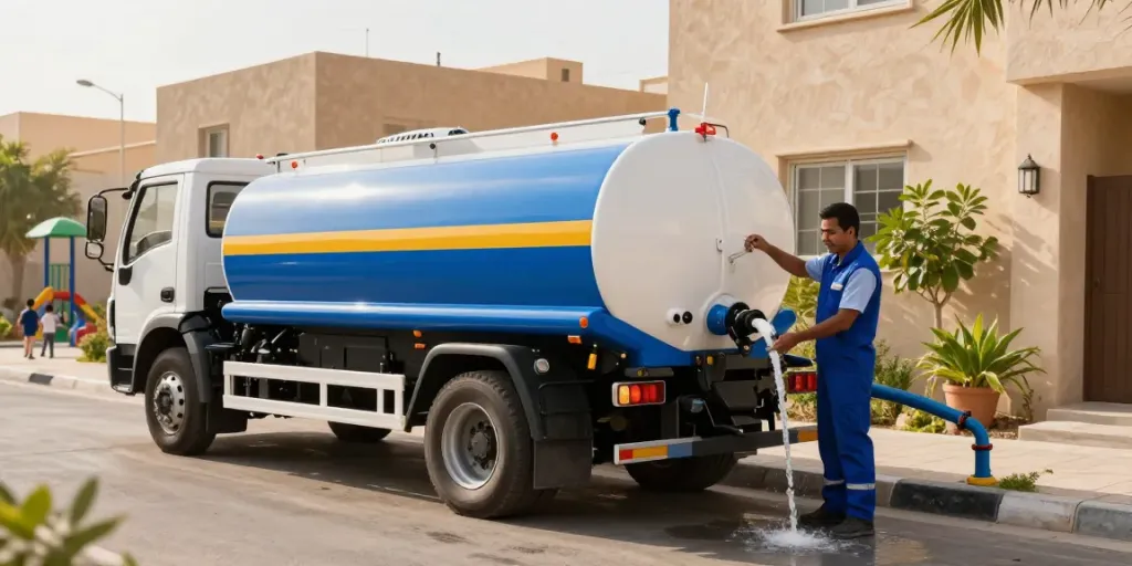 Water tanker Riyadh filling residential home with clean water delivery service.
