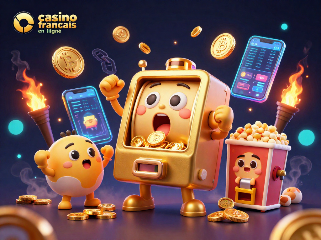 Venez découvrir les machines à sous au casino français en ligne avec un jackpot gagnant et des pièces dorées tombant.