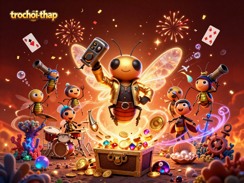 Play and win in trochoi-thap as a lively cartoon cicada rock star plays among gems and coins.