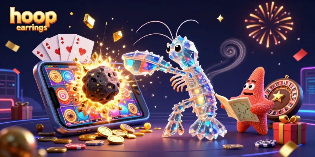 Engage with stylish hoop earrings as the galactic samurai shrimp breaks through an asteroid of golden gems.