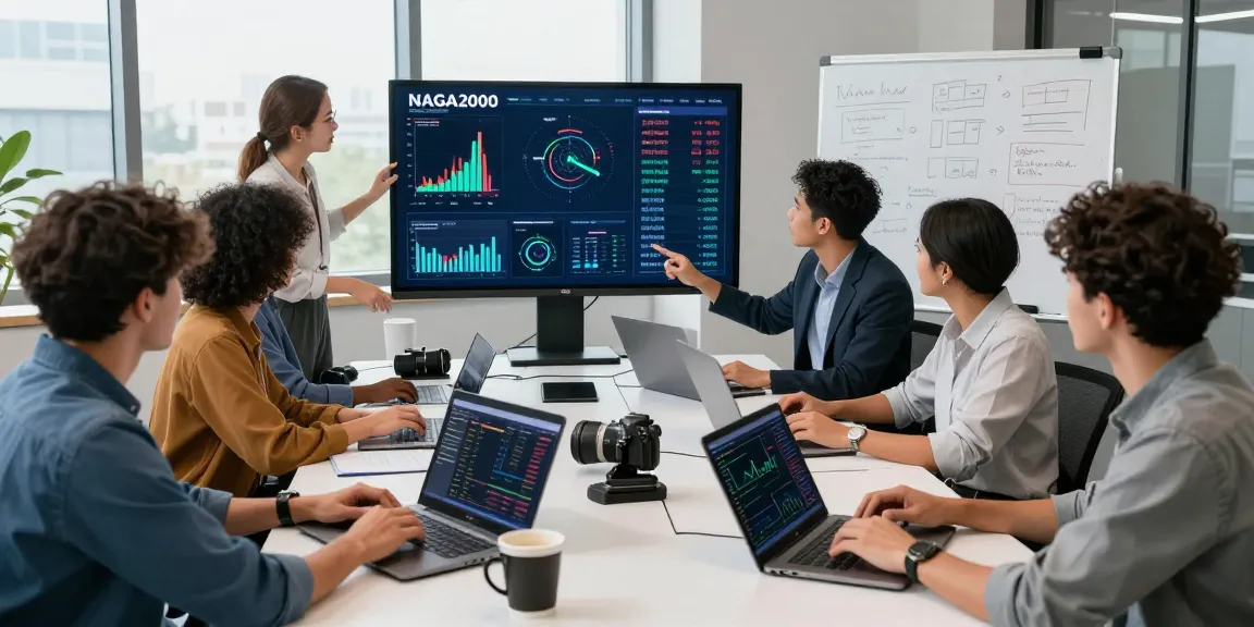 Diverse team analyzing NAGA2000 trading data in a modern fintech workspace.
