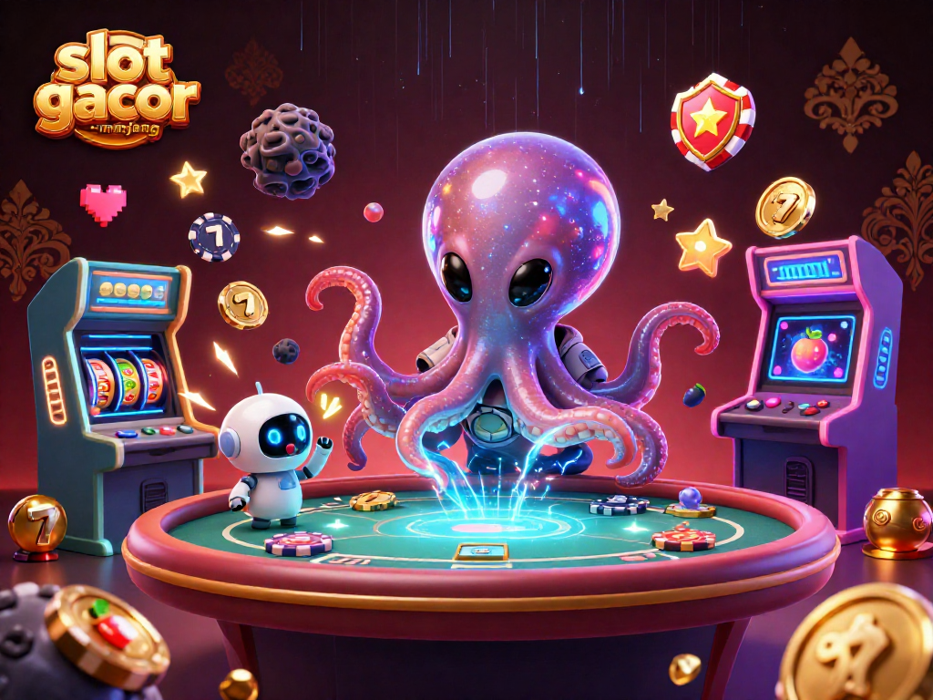 Spin the reels with slot gacor mahjong in a vibrant sci-fi casino scene featuring an alien octopus.