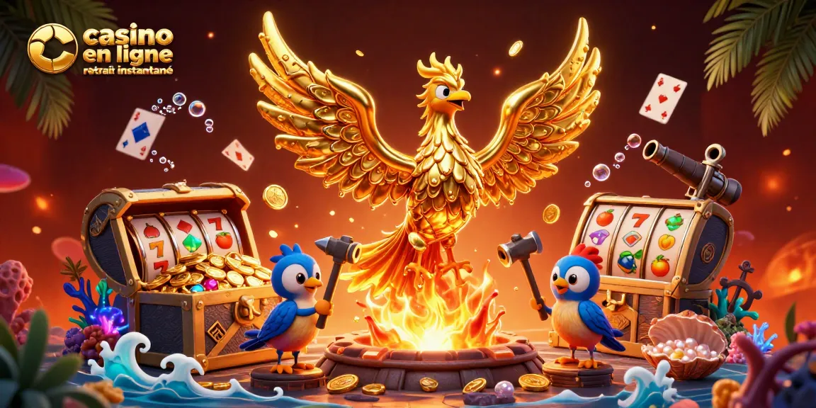 Jouer au casino en ligne retrait instantané avec un phénix doré et des éléments de jeu sous-marins.