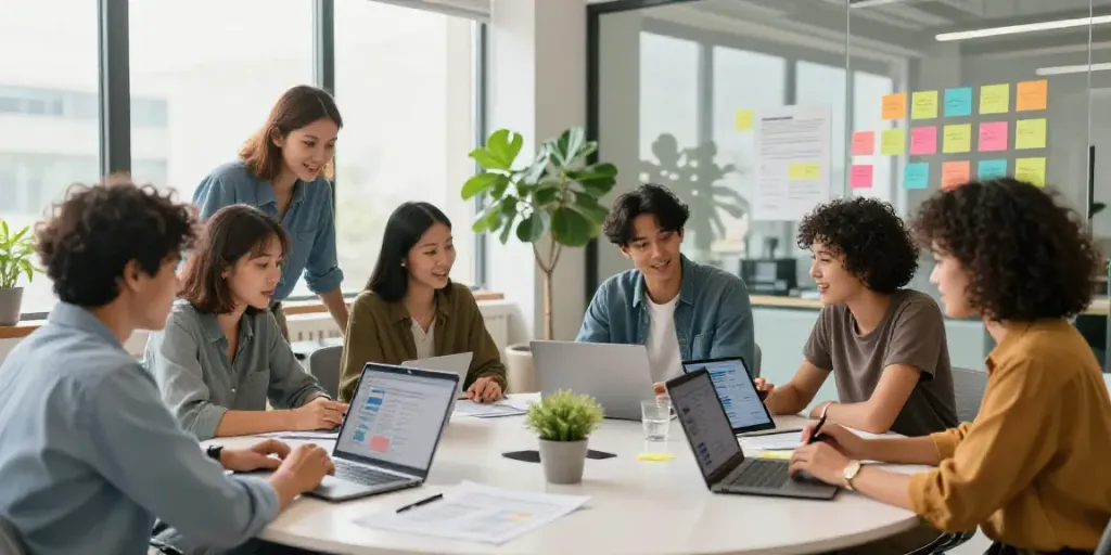Diverse team collaborating in a bright office for AI generated marketing copy.