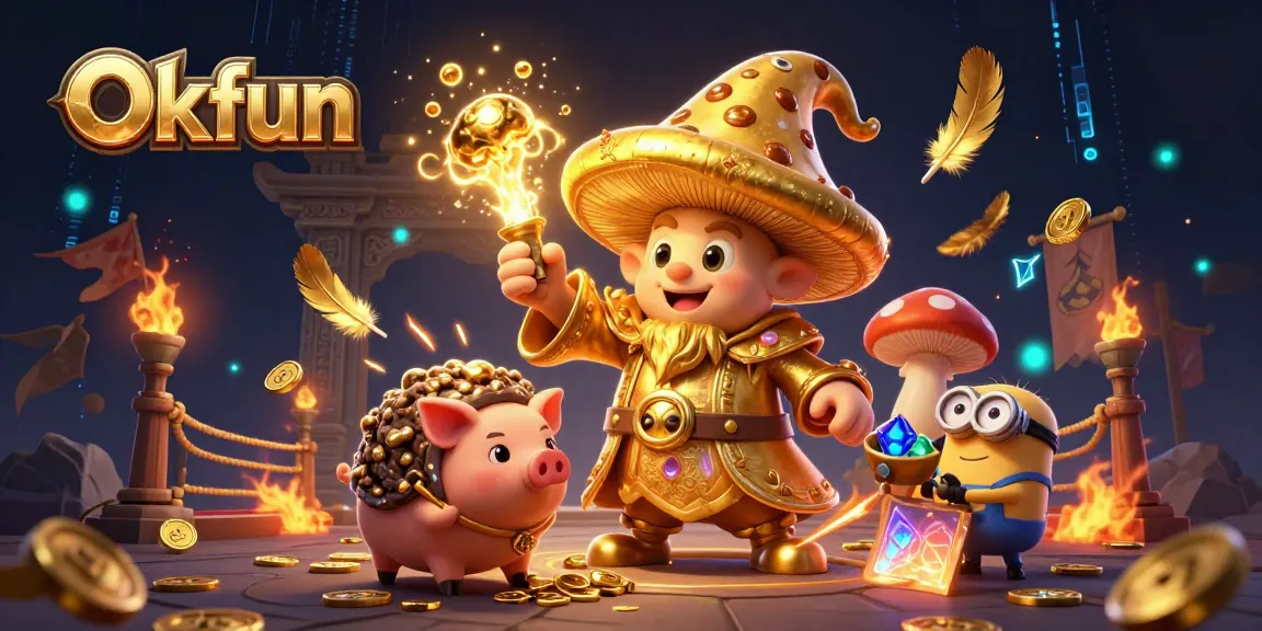 Experience exciting gameplay at Okfun with magical golden wizard and treasure-hunting pig in a lively casino scene.