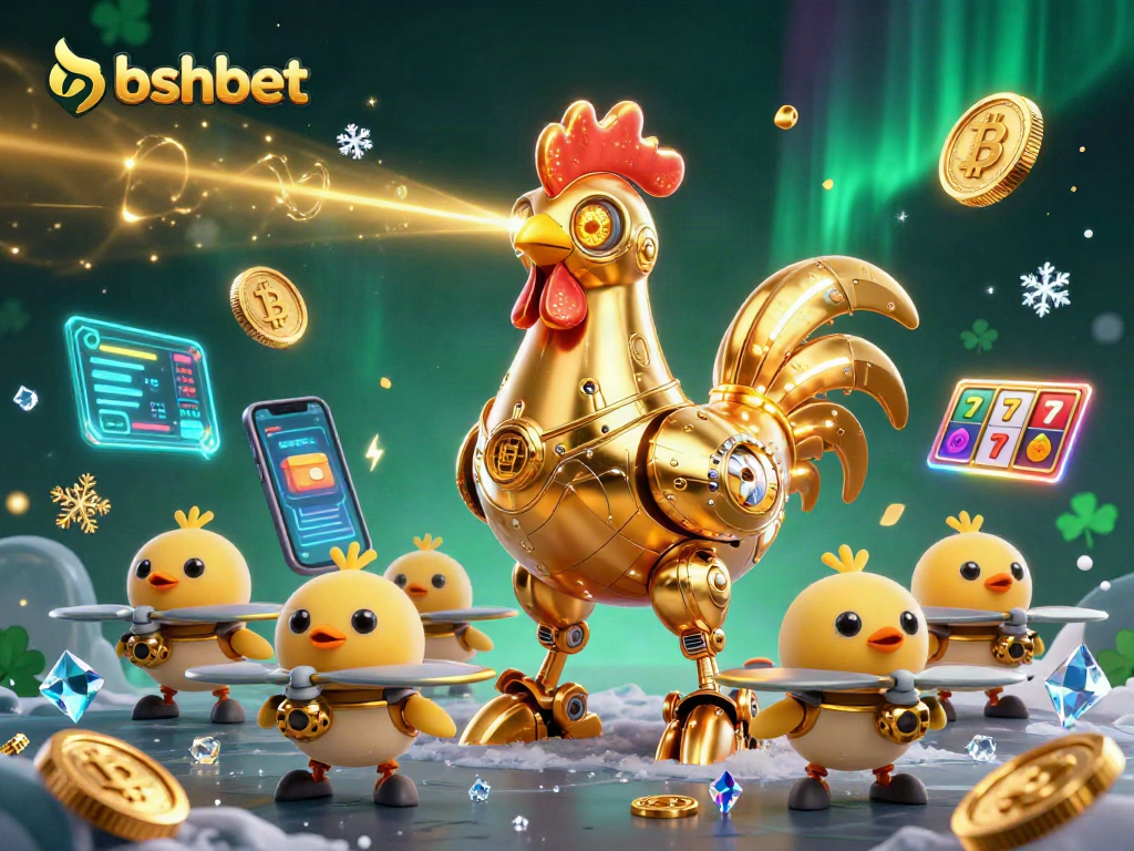 Engage with bshbet's vibrant retro-futuristic casino illustration featuring a golden rooster robot and crypto elements.